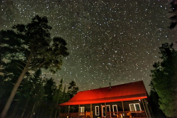 A cabin with a red roof, surrounded by trees, under a starry night sky.