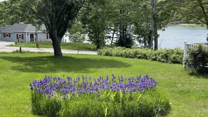 A grassy area with a flower bed and a house in the background. - Quaint Retro Ash Cove Cottage (Harpswell)