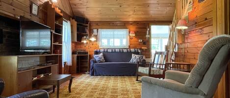 Flat-screen TV, books, stereo