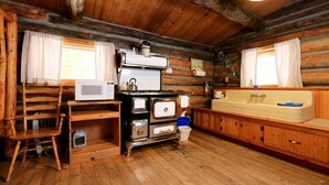A rustic cabin interior with a wooden floor, a wooden chair, a stove, a microwave, a sink, and a window with curtains.