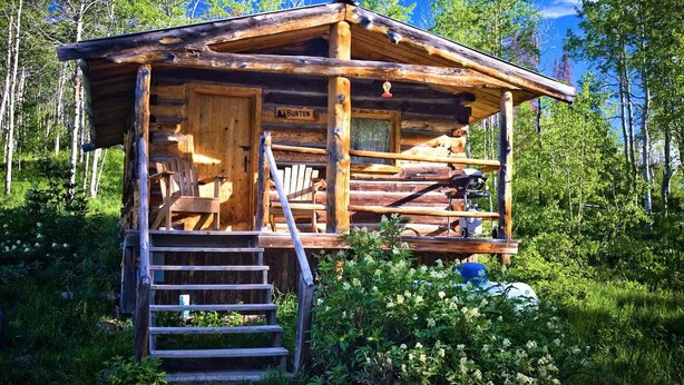 A rustic log cabin with a wooden staircase leading to the entrance, surrounded by lush greenery.