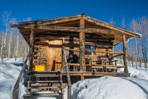 A wooden cabin with a porch and steps, surrounded by snow and trees.