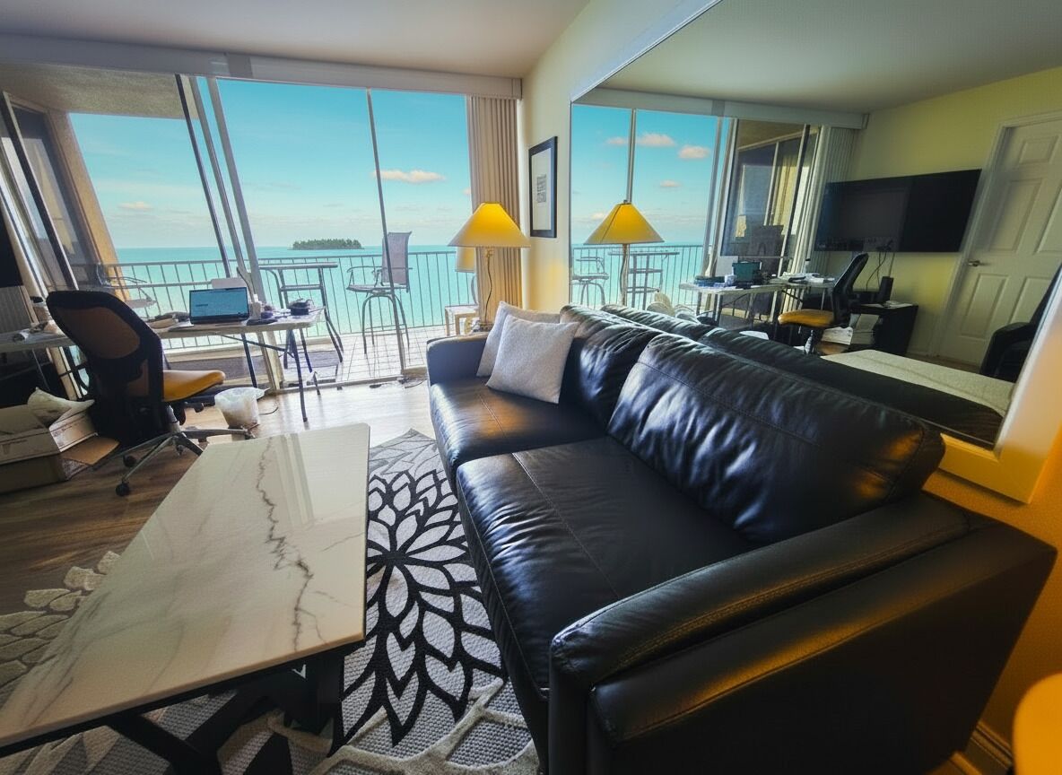 Een moderne hotelkamer met een groot raam, een zwarte leren bank, een klein bureau met een laptop, een televisie en een balkon met uitzicht op zee.