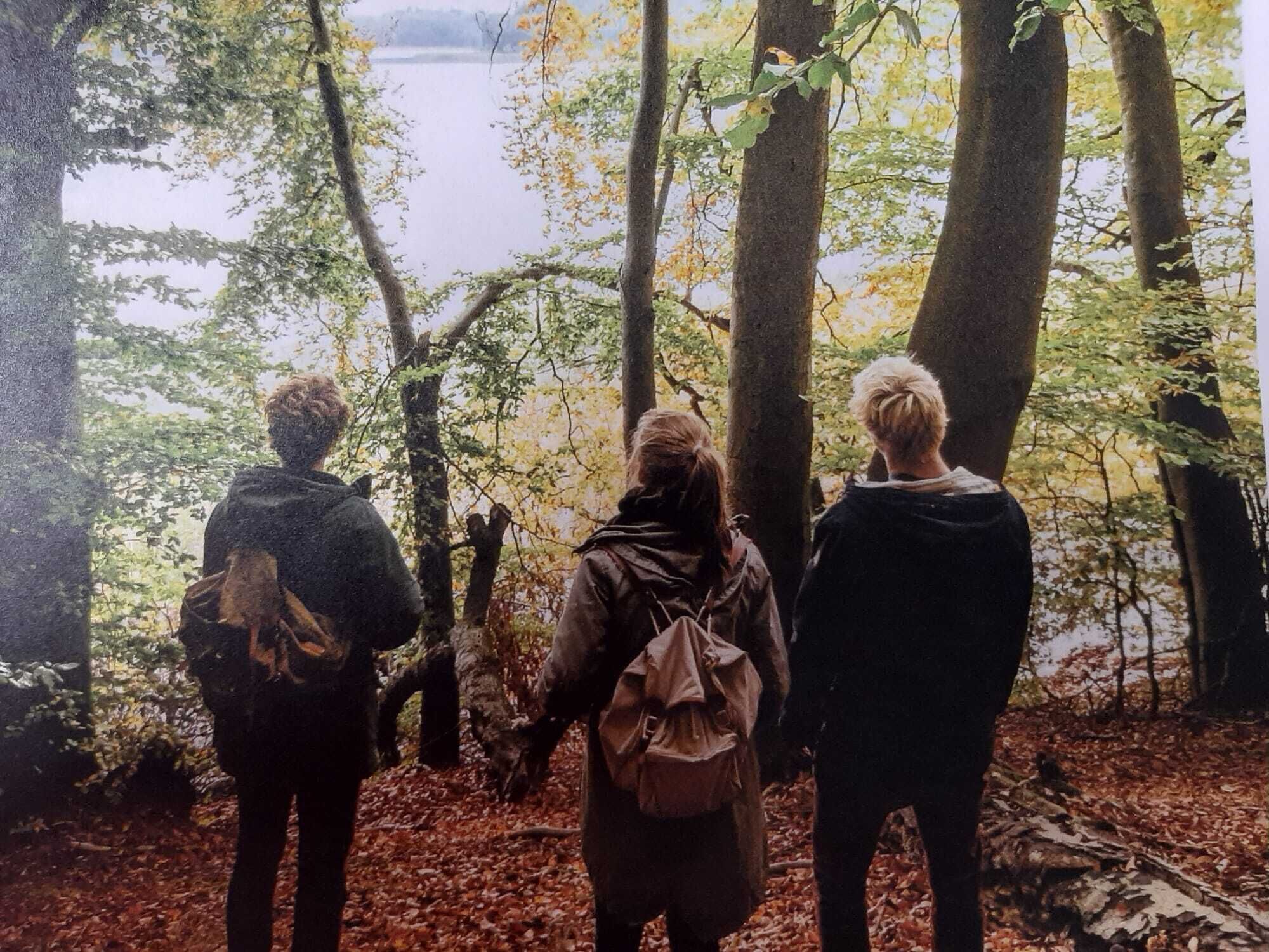 Drei Personen gehen durch ein bewaldetes Gebiet, im Hintergrund ein See.