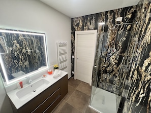 Shower, hair dryer, bidet, towels