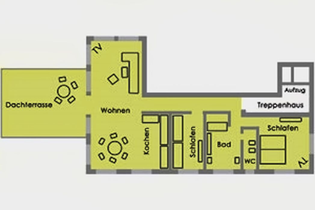 A hotel layout with a living room, kitchen, bathroom, and sleeping area.