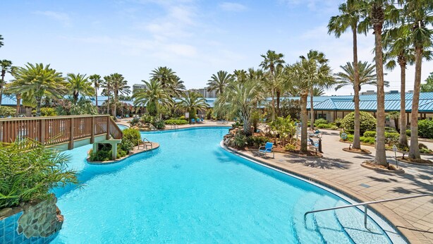Piscina com deck de madeira, cercada por palmeiras e um céu azul límpido.