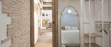 1 bedroom, desk, iron/ironing board, travel cot