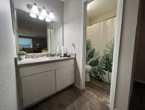 Combined shower/tub, hair dryer, towels, toilet paper