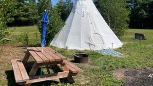 Ein weißes Zelt mit einem Picknicktisch und einem blauen Sonnenschirm in einer grünen Wiese.