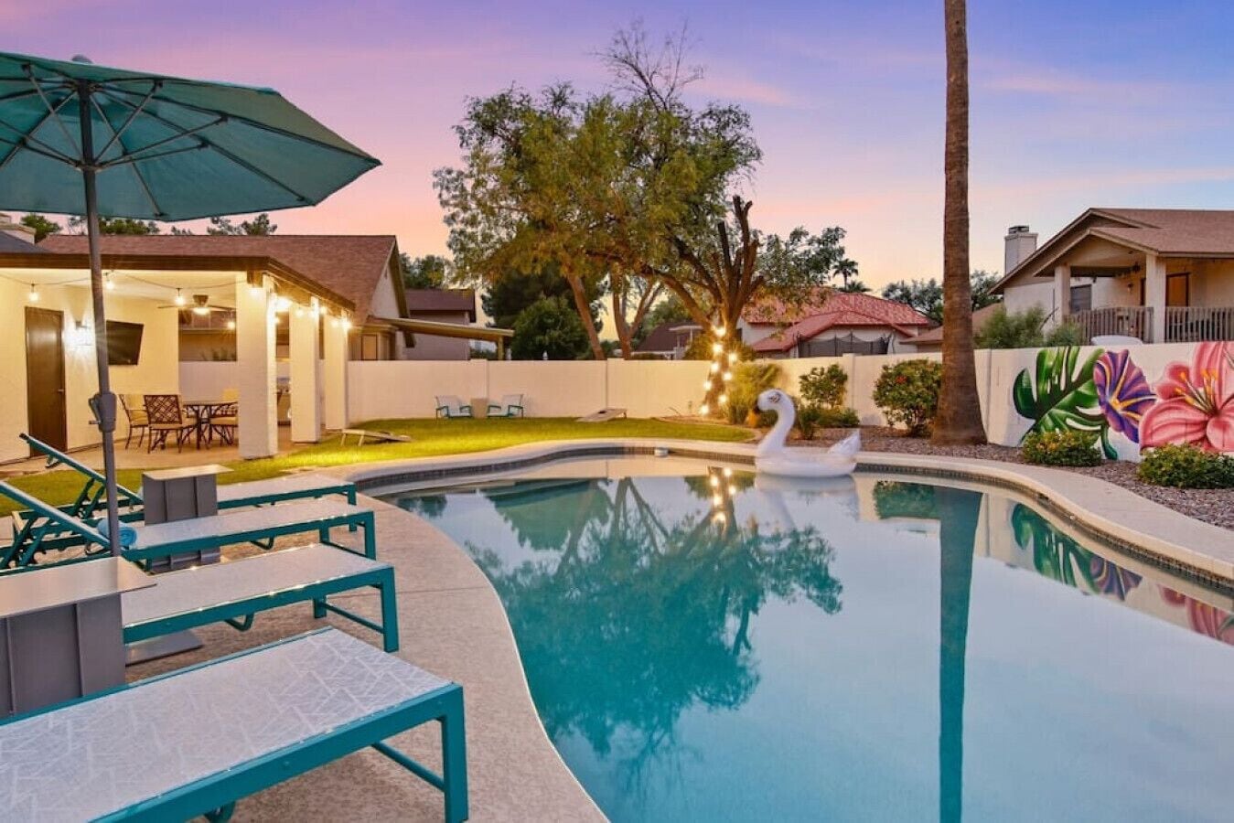 A heated pool, pool loungers