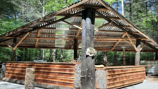 Una estructura rústica de madera con techo de paja, rodeada de árboles.