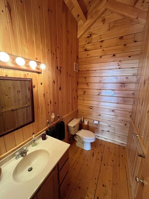 A wooden-paneled bathroom with a sink, mirror, toilet, and a towel rack. - Relaxing waterfront cabin getaway in the Groton State Forest (Peacham)