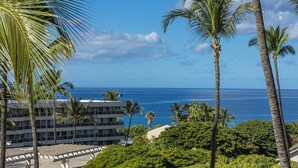 A hotel with a view of the ocean, surrounded by palm trees and greenery. - Ocean View, 2 Way Split AC, King Bed, Pool & WiFi (Kihei)