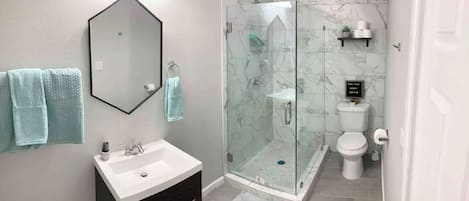 Shower, hair dryer, towels, soap
