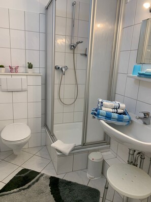 Dusch, hårtork, handdukar och toalettpapper
