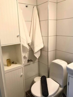 A small bathroom with a toilet, a sink, and a shelf with a towel and a decorative item. - Kristiansund Apartments (Kristiansund)