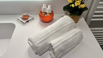 Douche, sĂšche-cheveux, bidet, serviettes fournies