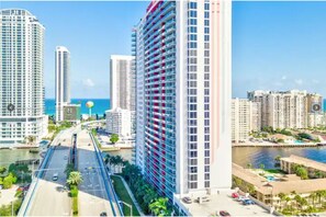 Situated by the waterfront, this hotel offers stunning sea views from its modern high-rise design.