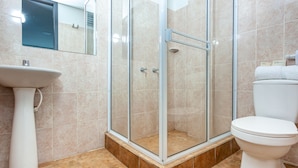 Een badkamer met een douche met glazen wand, een wastafel op een voetstuk en een toilet.