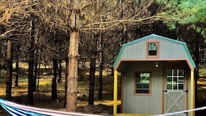 Una pequeña cabaña de madera con techo a dos aguas y una puerta, rodeada de árboles.