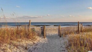 Ein Sandweg am Strand mit Holzbefestigungen und trockenem Gras.