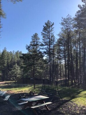 A forested area with a picnic table and benches. - Forest Cabin 1 Hunters Blind (Payson)