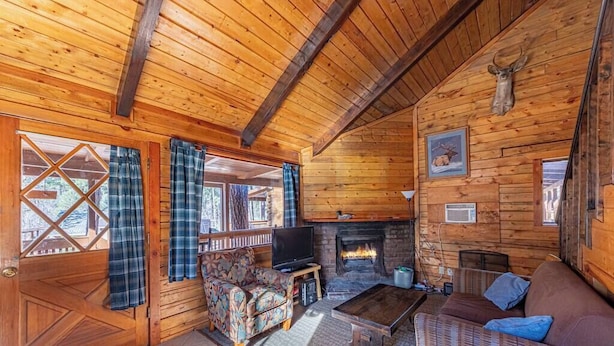 L’intérieur d’une cabane en rondins, avec une cheminée, des murs en bois, un canapé, un téléviseur et des rideaux à carreaux.