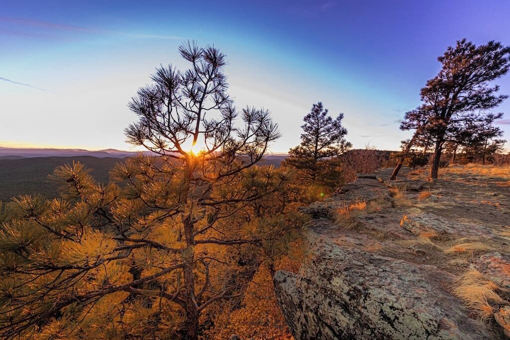 Un paysage montagneux, avec des pins et un affleurement rocheux, au coucher du soleil.