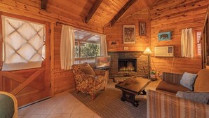 Interior acolhedor de uma cabana com lareira, paredes de madeira e uma área de estar confortável.