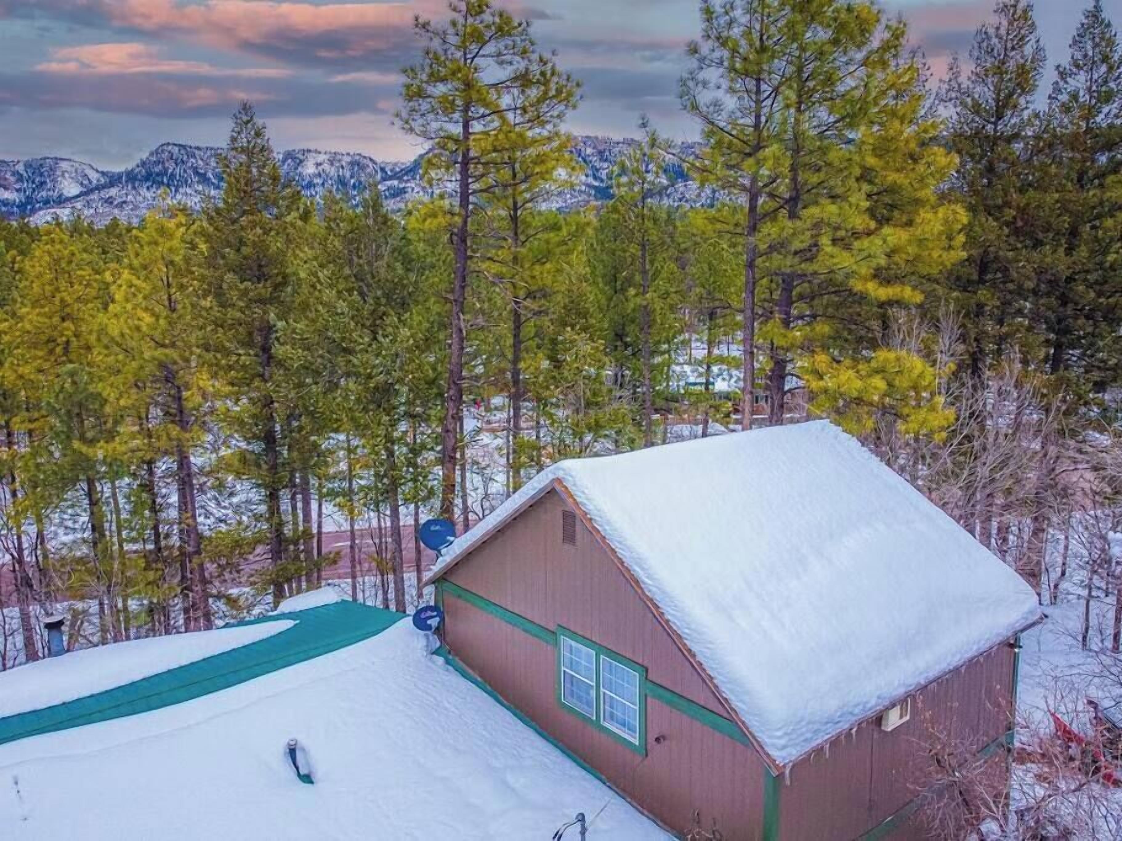 A cabin with a snow-covered roof, surrounded by trees and mountains in the background.