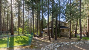 A lodge surrounded by tall pine trees, with a gravel path leading to the entrance.