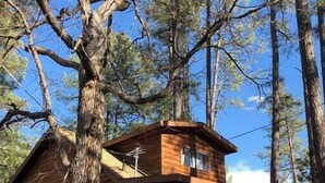 A rustic cabin with a wooden exterior, a balcony, and a small window. - Forest Cabin 4 Cowboys Dream (Payson)