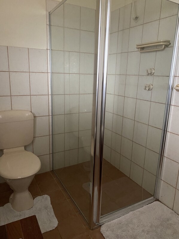 Un bagno con cabina doccia in vetro, un water e un tappeto bianco sul pavimento.