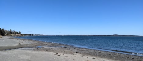 On the beach, sun-loungers, beach towels