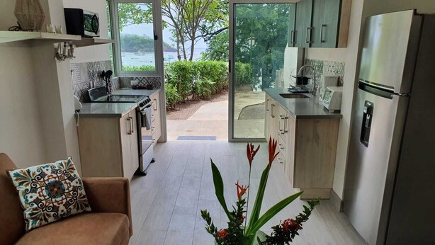 Une cuisine moderne avec vue sur la mer, un canapé et une plante en pot.