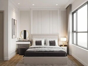 Une chambre moderne avec un grand lit, un bureau et une fenêtre.