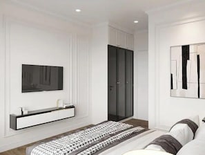 Un dormitorio moderno con una cama, una mesita de noche, un televisor montado en la pared y un armario.