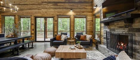 TV connectée, cheminée, jeux vidéo, livres