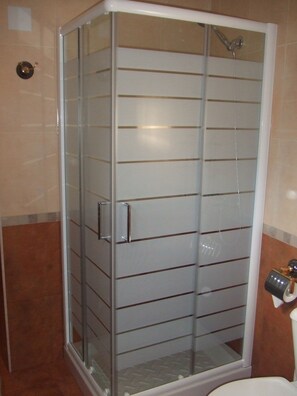 Shower, hair dryer, towels, toilet paper