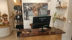 A reception desk with a computer, a potted plant, and a wall-mounted security camera. - Rustik-inn (Playa del Carmen)