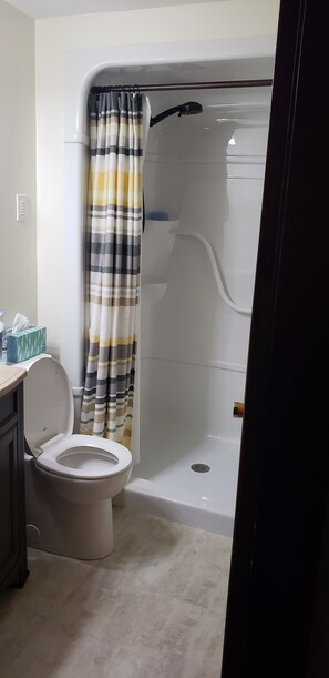 Hair dryer, towels, soap, shampoo