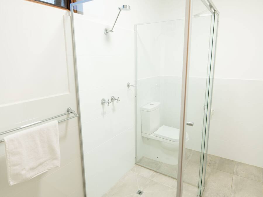 Ducha con cerramiento de vidrio, un inodoro blanco y un perchero.