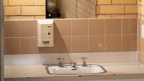 Une salle de bain équipée d’un lavabo, d’un miroir et d’un appareil de climatisation fixé au-dessus du miroir.