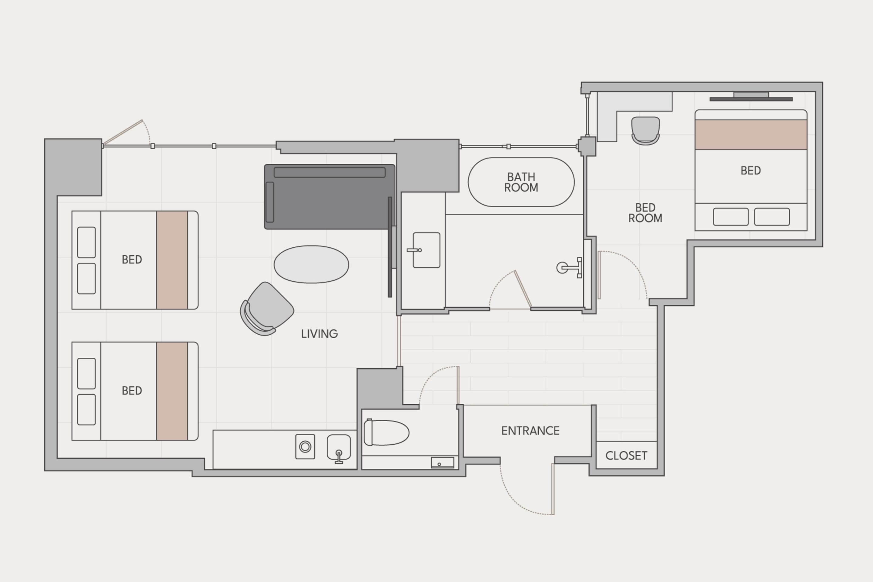 A floor plan of a hotel room with a living area, two bedrooms, a bathroom, an entrance, and a closet.