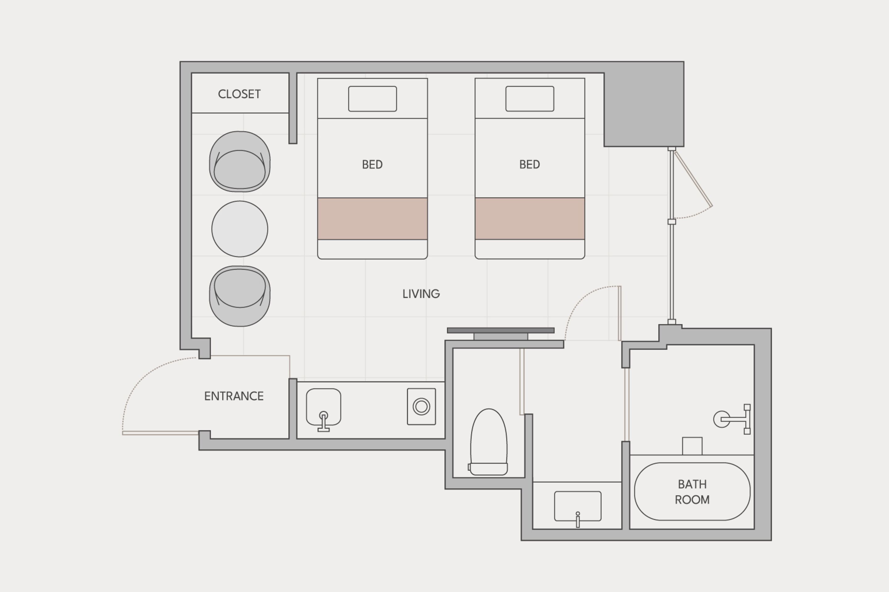 A floor plan of a hotel room with a closet, two beds, a living area, an entrance, and a bathroom.