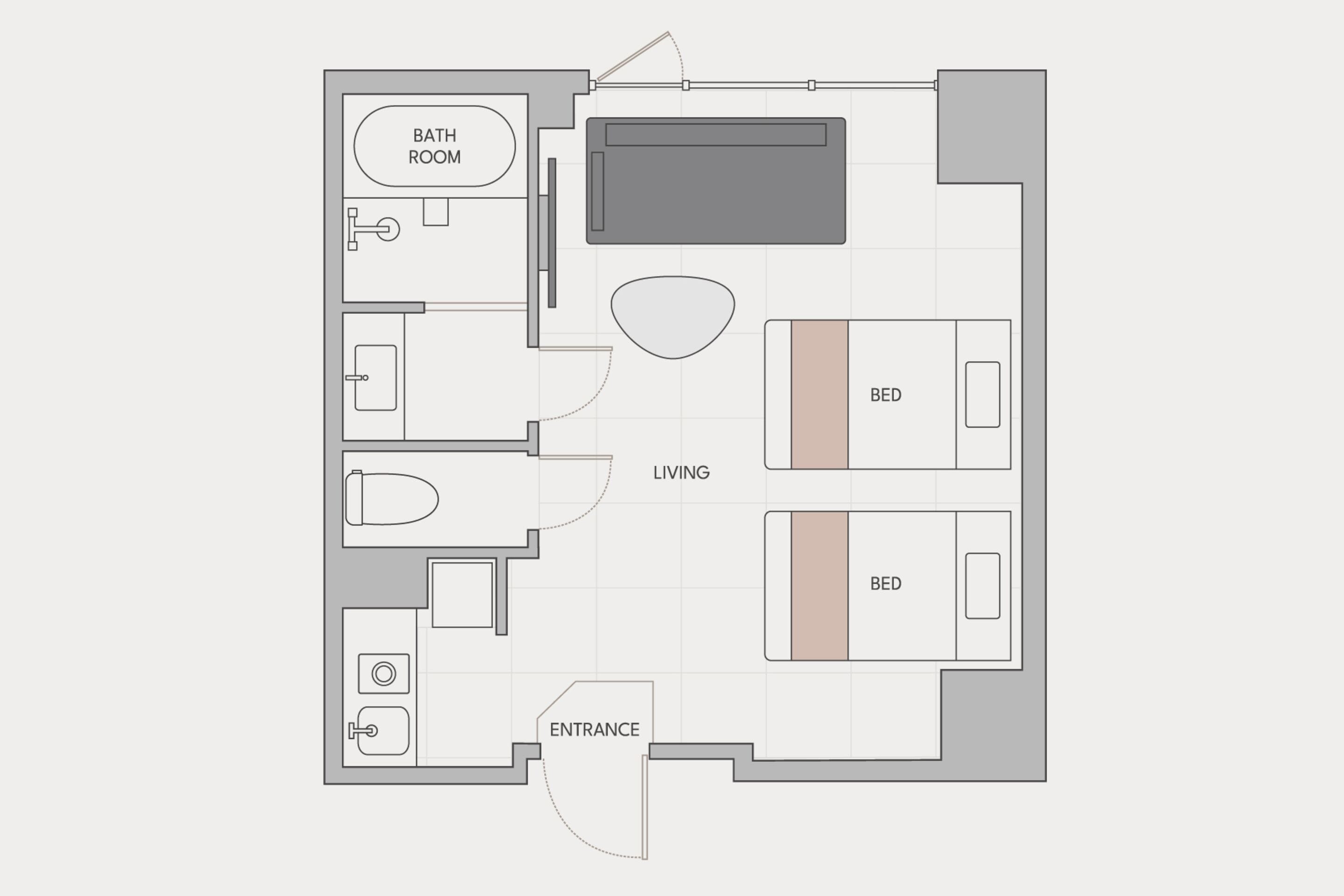 Plano de una habitación de hotel que incluye un baño, dos camas, una sala de estar y la entrada.