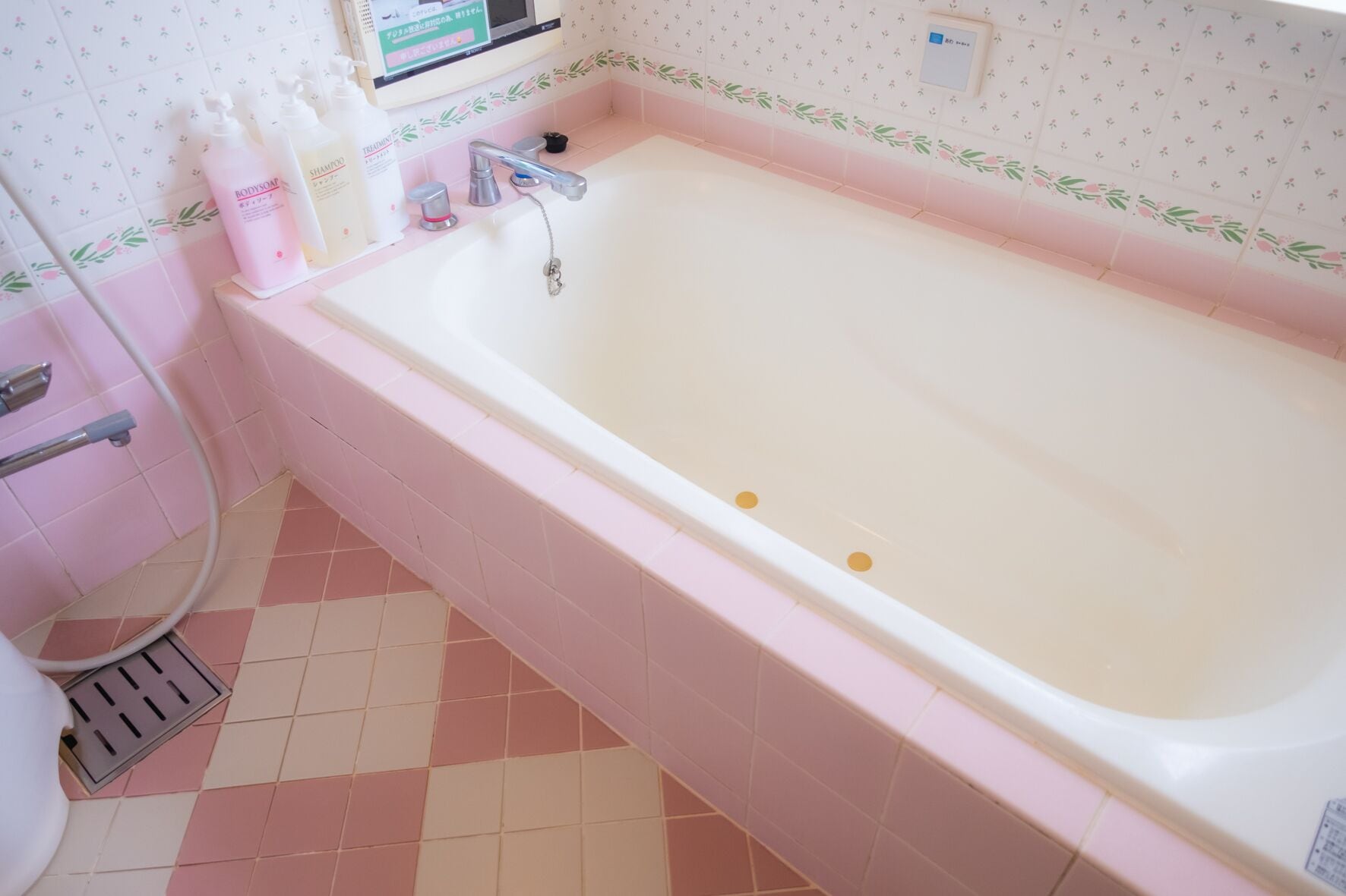 Une salle de bain avec une grande baignoire, des toilettes et un espace douche. On y trouve des articles de toilette sur le lavabo et un pommeau de douche.
