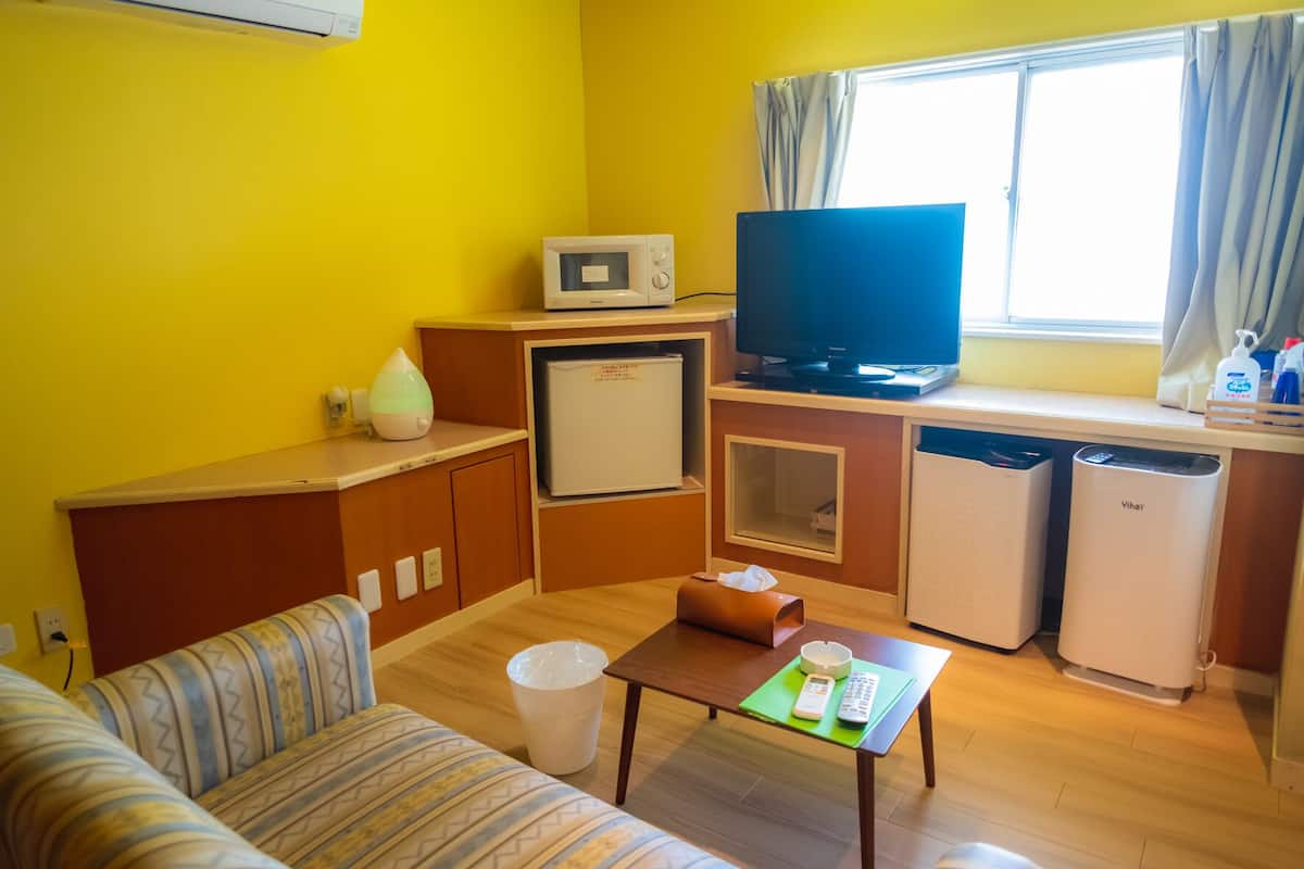 A compact living space with a sofa, a small table, a microwave, a refrigerator, a television, and a window with curtains.