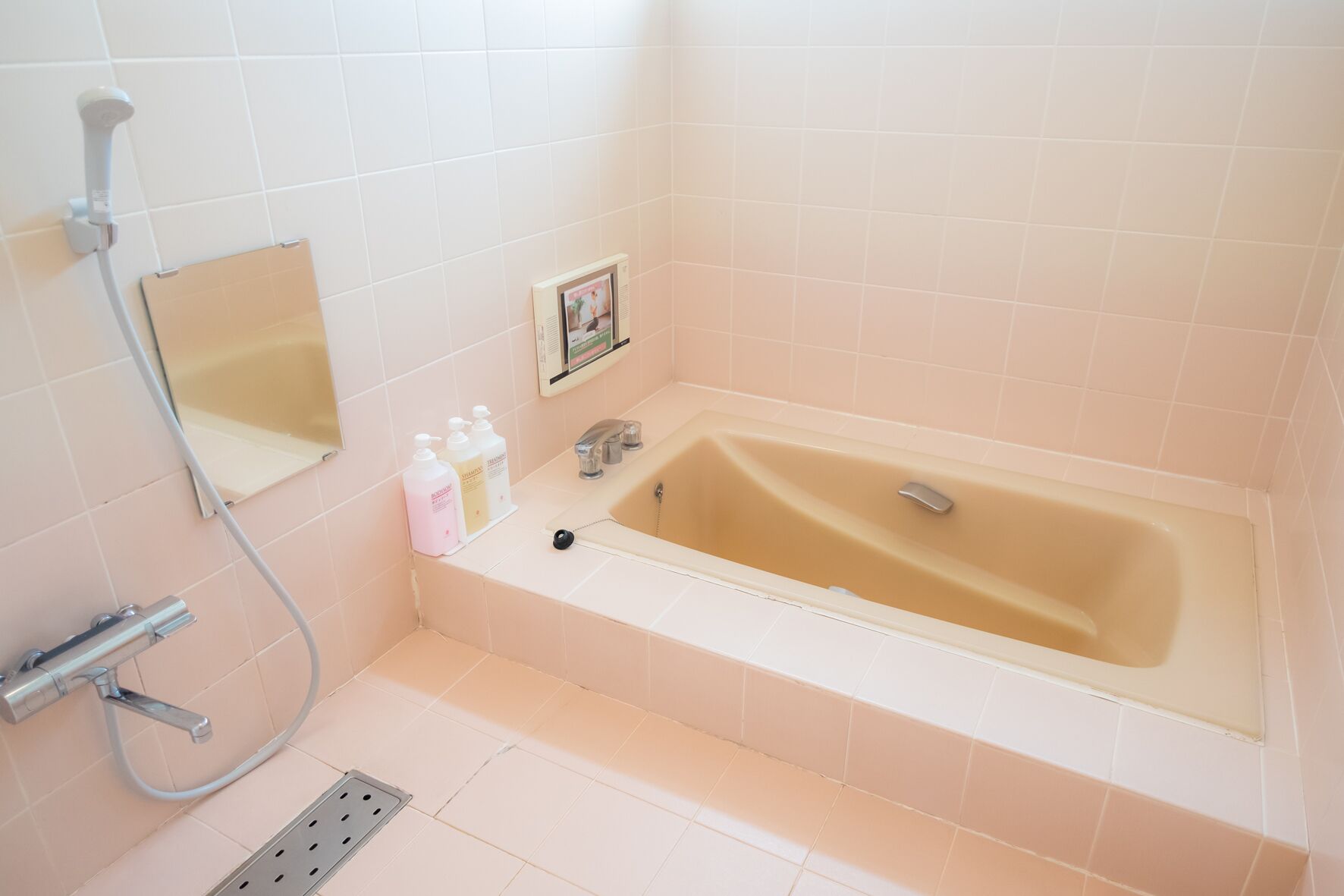 Un baño con bañera, ducha y espejo. Hay artículos de aseo junto a la bañera.